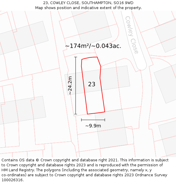 23, COWLEY CLOSE, SOUTHAMPTON, SO16 9WD: Plot and title map