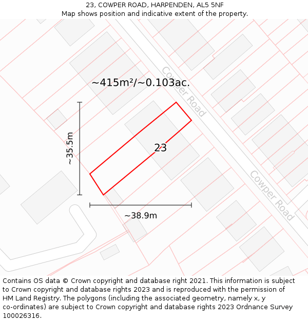 23, COWPER ROAD, HARPENDEN, AL5 5NF: Plot and title map