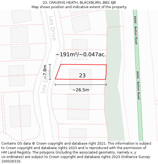 23, CRAVENS HEATH, BLACKBURN, BB2 4JB: Plot and title map