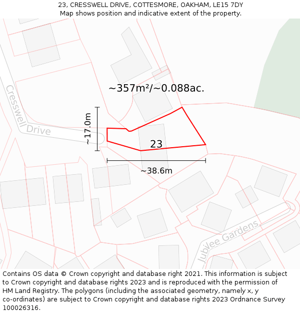 23, CRESSWELL DRIVE, COTTESMORE, OAKHAM, LE15 7DY: Plot and title map