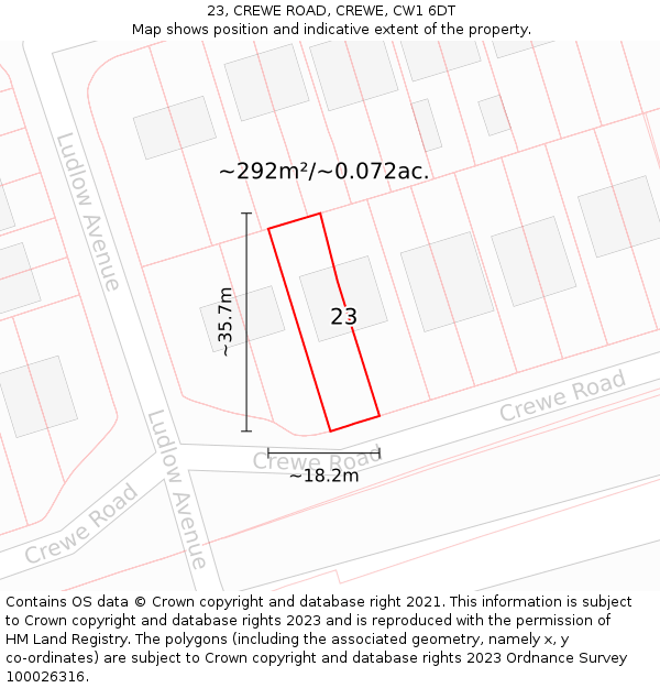 23, CREWE ROAD, CREWE, CW1 6DT: Plot and title map