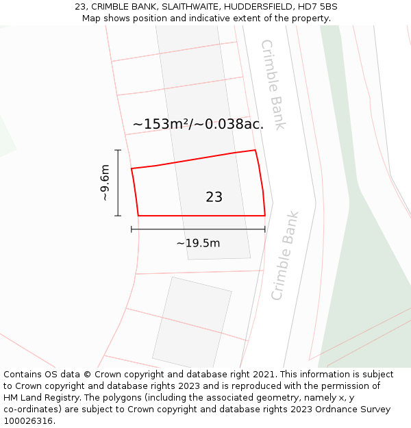 23, CRIMBLE BANK, SLAITHWAITE, HUDDERSFIELD, HD7 5BS: Plot and title map