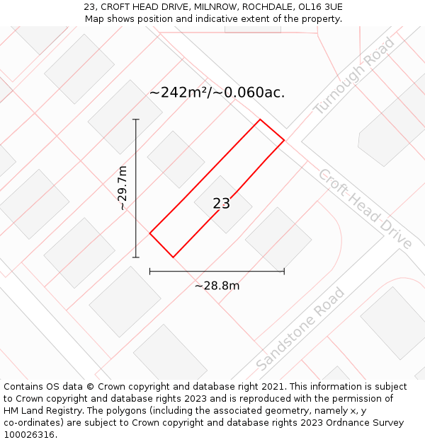 23, CROFT HEAD DRIVE, MILNROW, ROCHDALE, OL16 3UE: Plot and title map