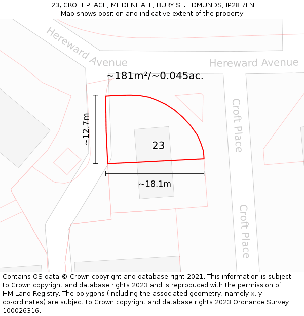 23, CROFT PLACE, MILDENHALL, BURY ST. EDMUNDS, IP28 7LN: Plot and title map