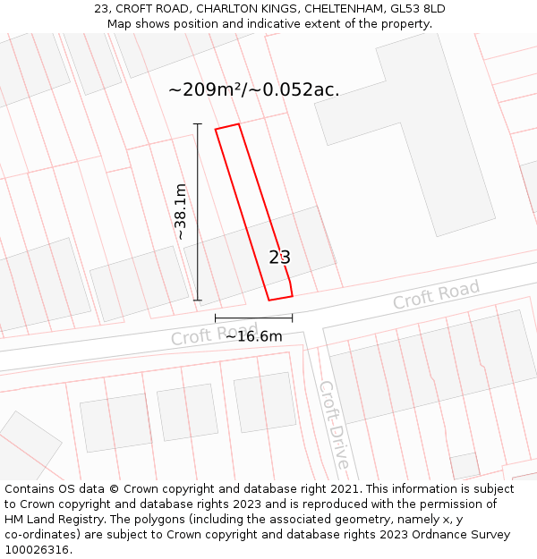 23, CROFT ROAD, CHARLTON KINGS, CHELTENHAM, GL53 8LD: Plot and title map