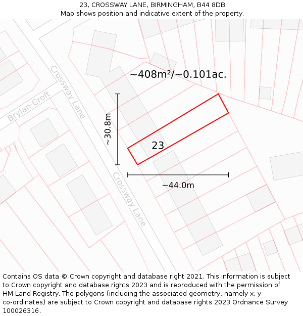 23, CROSSWAY LANE, BIRMINGHAM, B44 8DB: Plot and title map