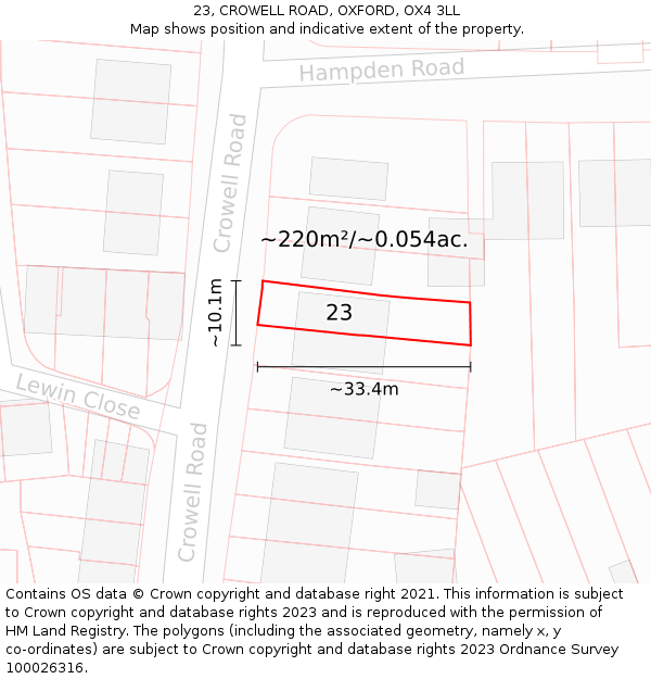 23, CROWELL ROAD, OXFORD, OX4 3LL: Plot and title map