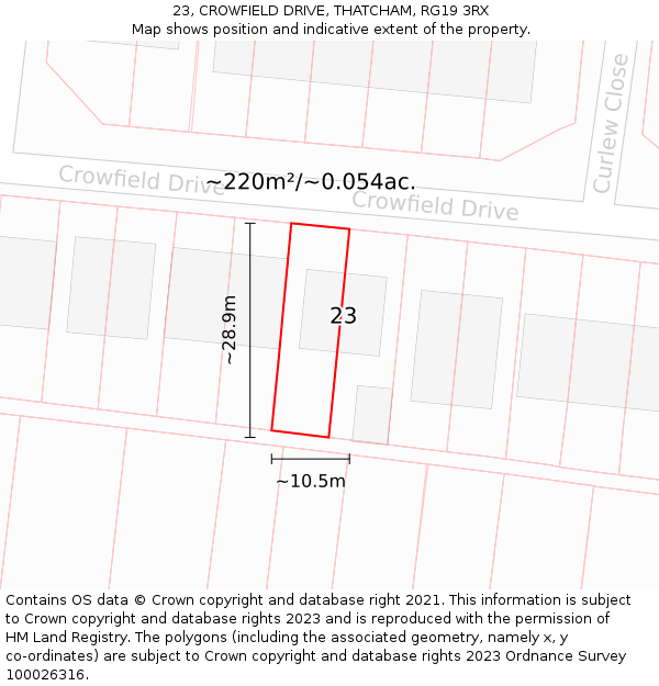 23, CROWFIELD DRIVE, THATCHAM, RG19 3RX: Plot and title map