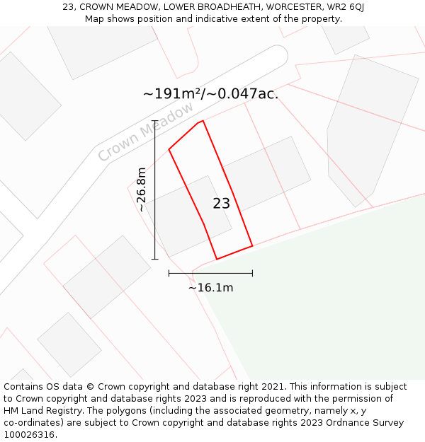 23, CROWN MEADOW, LOWER BROADHEATH, WORCESTER, WR2 6QJ: Plot and title map