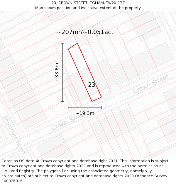 23, CROWN STREET, EGHAM, TW20 9BZ: Plot and title map