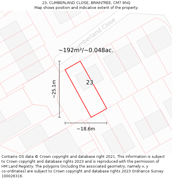 23, CUMBERLAND CLOSE, BRAINTREE, CM7 9NQ: Plot and title map