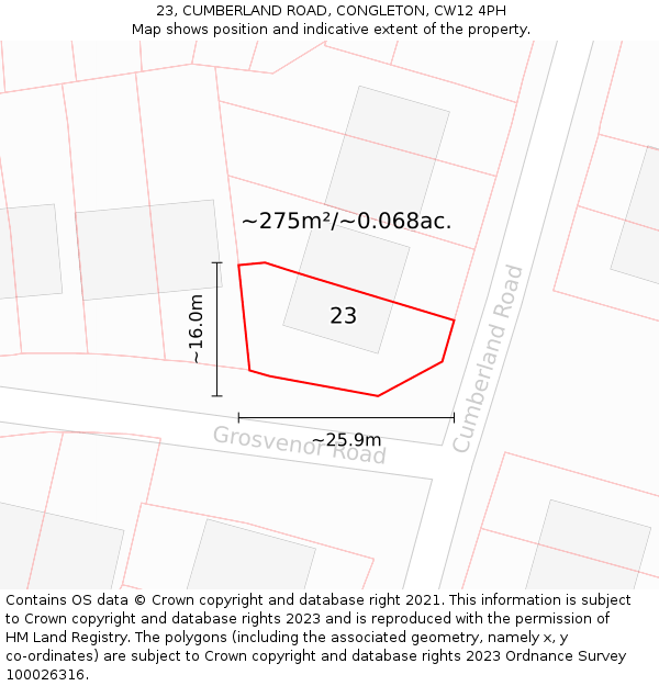 23, CUMBERLAND ROAD, CONGLETON, CW12 4PH: Plot and title map