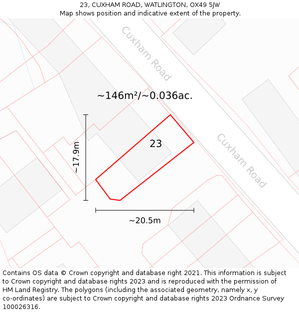 23, CUXHAM ROAD, WATLINGTON, OX49 5JW: Plot and title map