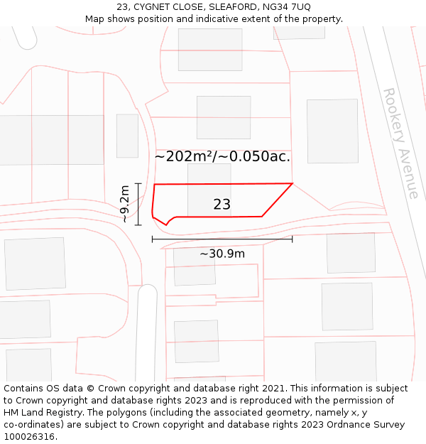 23, CYGNET CLOSE, SLEAFORD, NG34 7UQ: Plot and title map