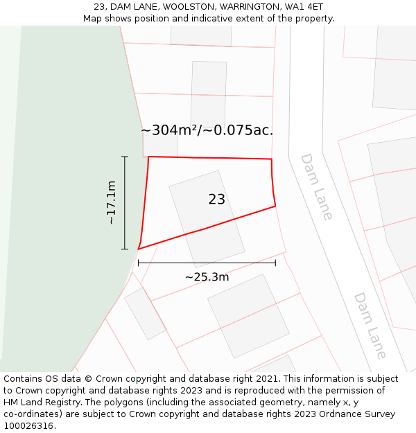 23, DAM LANE, WOOLSTON, WARRINGTON, WA1 4ET: Plot and title map