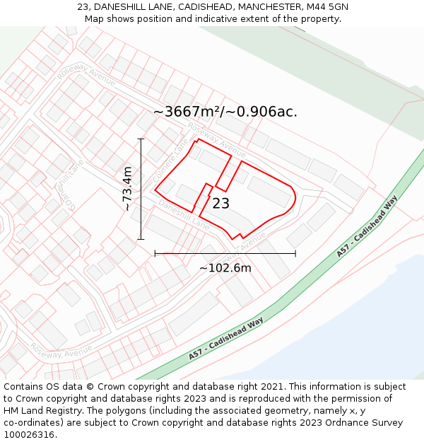 23, DANESHILL LANE, CADISHEAD, MANCHESTER, M44 5GN: Plot and title map