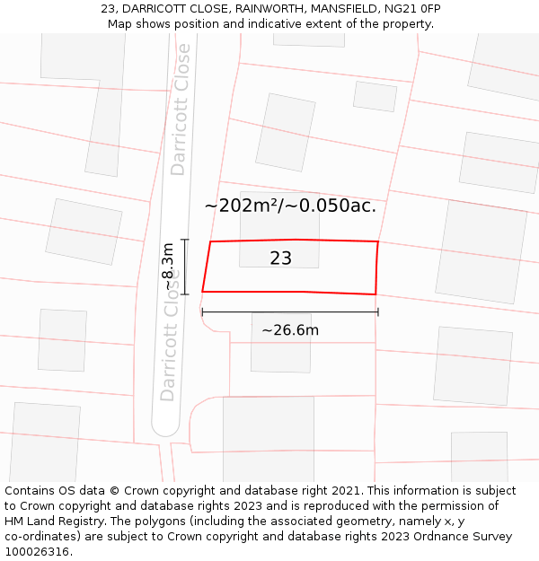 23, DARRICOTT CLOSE, RAINWORTH, MANSFIELD, NG21 0FP: Plot and title map