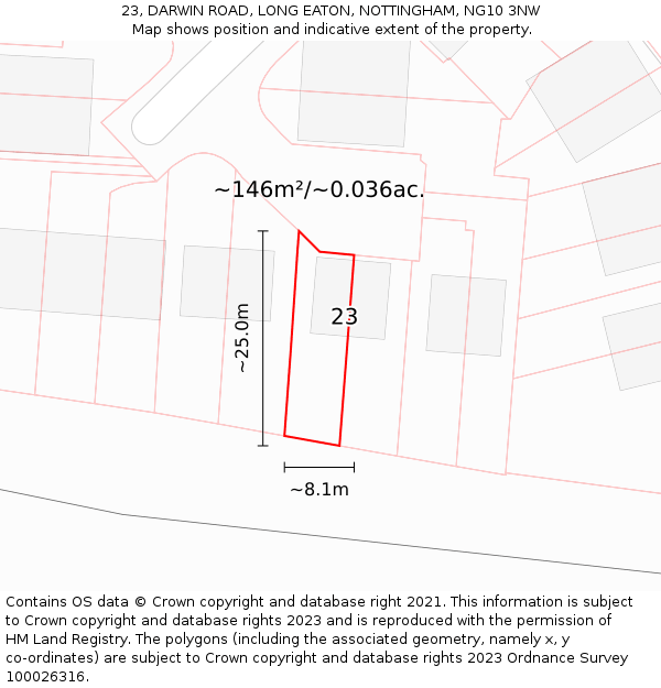 23, DARWIN ROAD, LONG EATON, NOTTINGHAM, NG10 3NW: Plot and title map