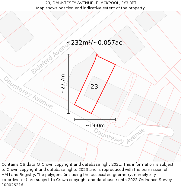 23, DAUNTESEY AVENUE, BLACKPOOL, FY3 8PT: Plot and title map