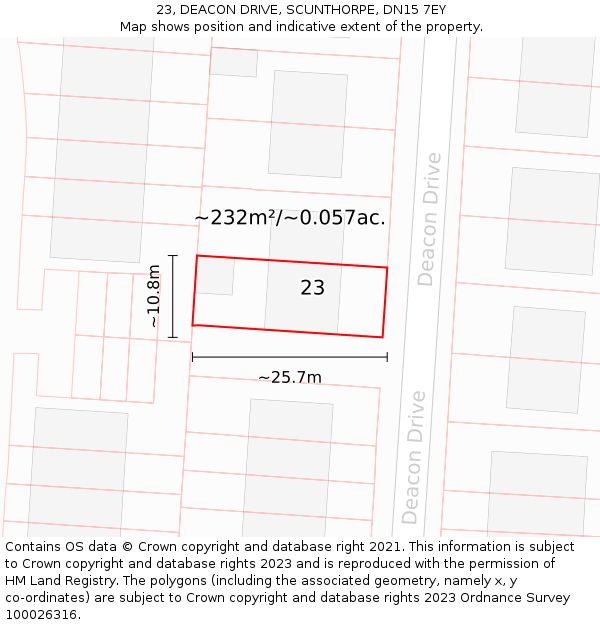 23, DEACON DRIVE, SCUNTHORPE, DN15 7EY: Plot and title map