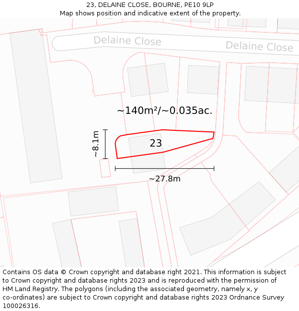 23, DELAINE CLOSE, BOURNE, PE10 9LP: Plot and title map