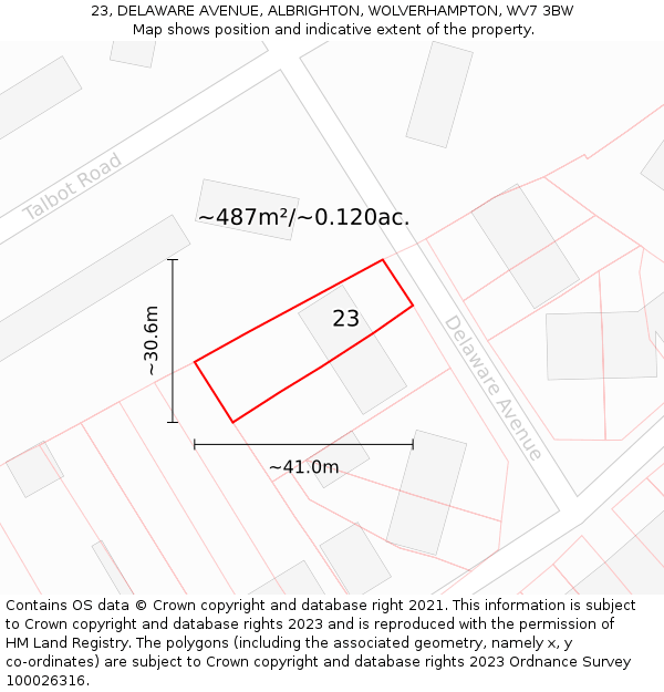 23, DELAWARE AVENUE, ALBRIGHTON, WOLVERHAMPTON, WV7 3BW: Plot and title map