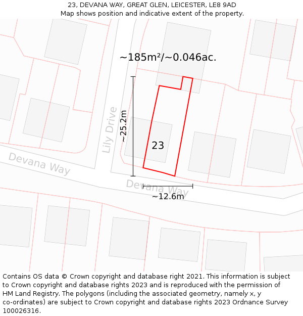 23, DEVANA WAY, GREAT GLEN, LEICESTER, LE8 9AD: Plot and title map