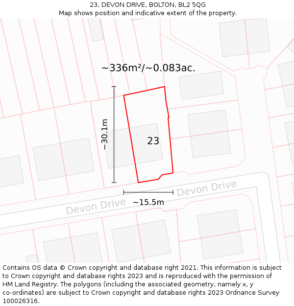 23, DEVON DRIVE, BOLTON, BL2 5QG: Plot and title map