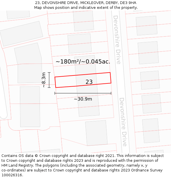 23, DEVONSHIRE DRIVE, MICKLEOVER, DERBY, DE3 9HA: Plot and title map