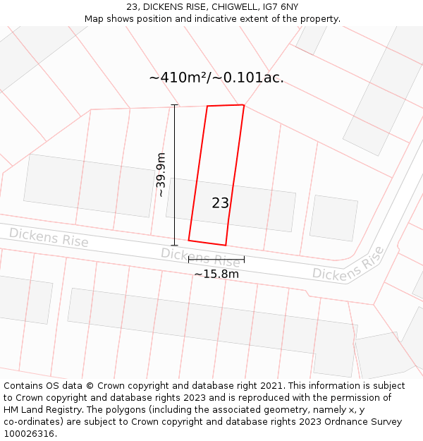 23, DICKENS RISE, CHIGWELL, IG7 6NY: Plot and title map