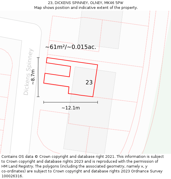 23, DICKENS SPINNEY, OLNEY, MK46 5PW: Plot and title map