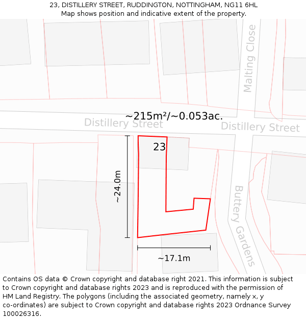 23, DISTILLERY STREET, RUDDINGTON, NOTTINGHAM, NG11 6HL: Plot and title map