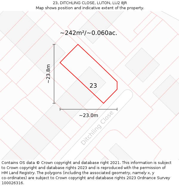 23, DITCHLING CLOSE, LUTON, LU2 8JR: Plot and title map