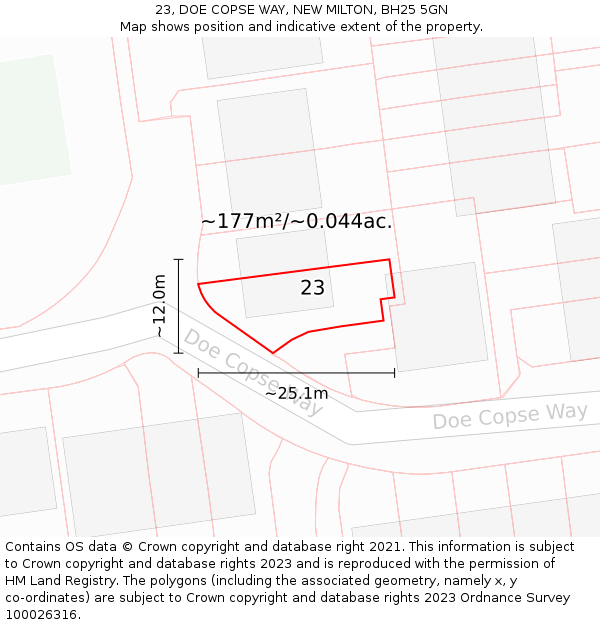 23, DOE COPSE WAY, NEW MILTON, BH25 5GN: Plot and title map