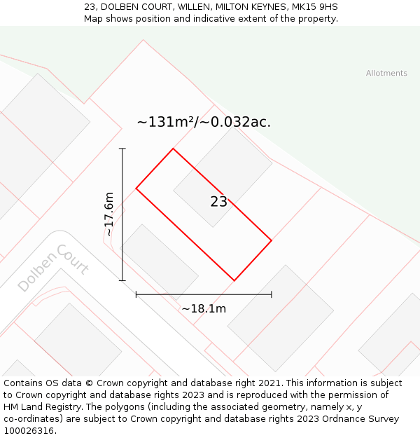 23, DOLBEN COURT, WILLEN, MILTON KEYNES, MK15 9HS: Plot and title map