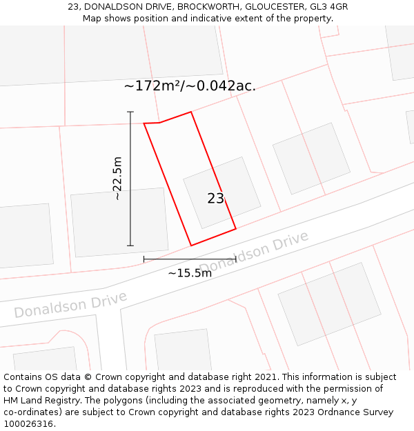 23, DONALDSON DRIVE, BROCKWORTH, GLOUCESTER, GL3 4GR: Plot and title map