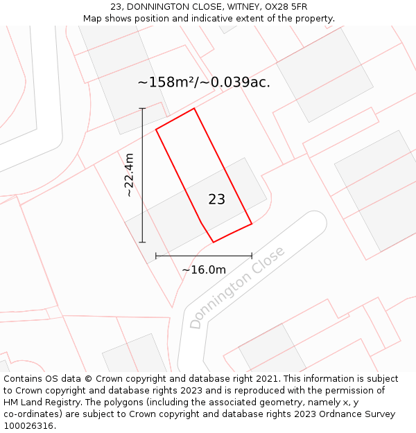 23, DONNINGTON CLOSE, WITNEY, OX28 5FR: Plot and title map