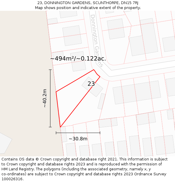 23, DONNINGTON GARDENS, SCUNTHORPE, DN15 7RJ: Plot and title map