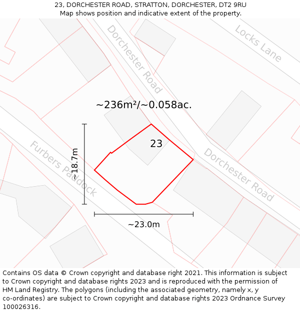 23, DORCHESTER ROAD, STRATTON, DORCHESTER, DT2 9RU: Plot and title map