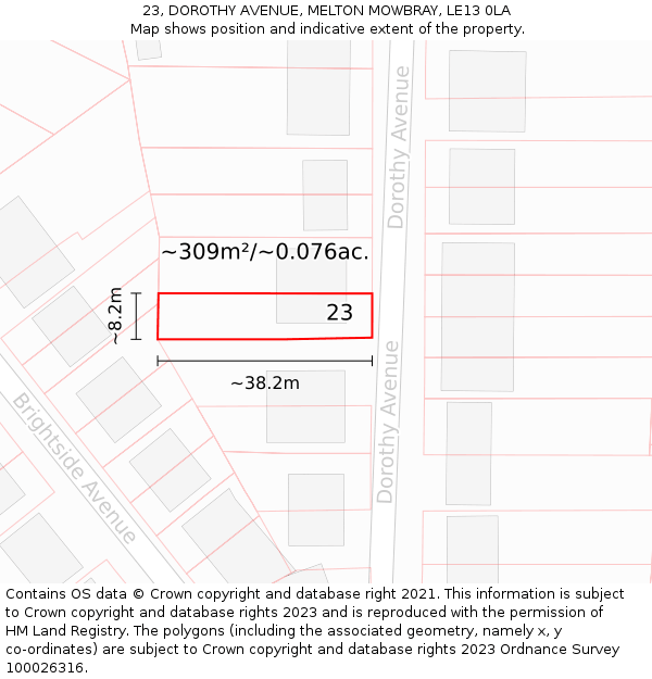 23, DOROTHY AVENUE, MELTON MOWBRAY, LE13 0LA: Plot and title map