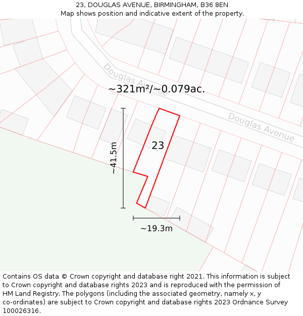 23, DOUGLAS AVENUE, BIRMINGHAM, B36 8EN: Plot and title map