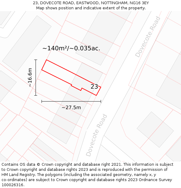 23, DOVECOTE ROAD, EASTWOOD, NOTTINGHAM, NG16 3EY: Plot and title map