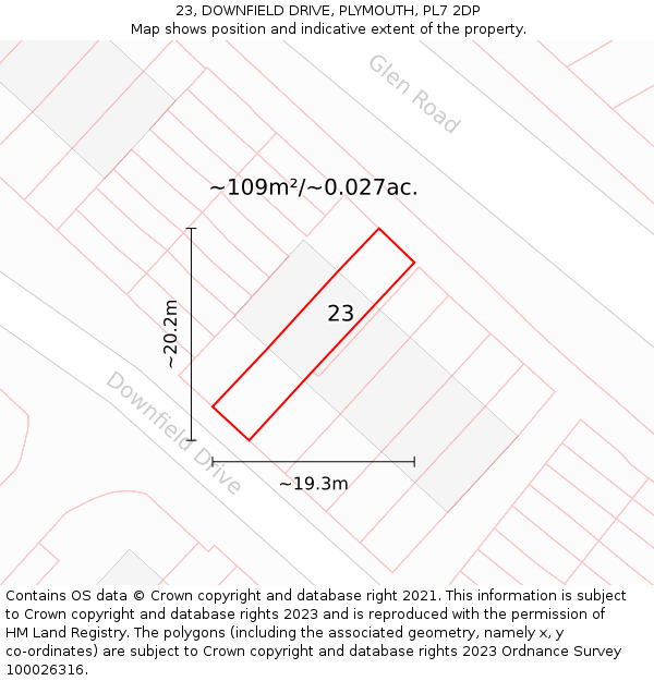 23, DOWNFIELD DRIVE, PLYMOUTH, PL7 2DP: Plot and title map