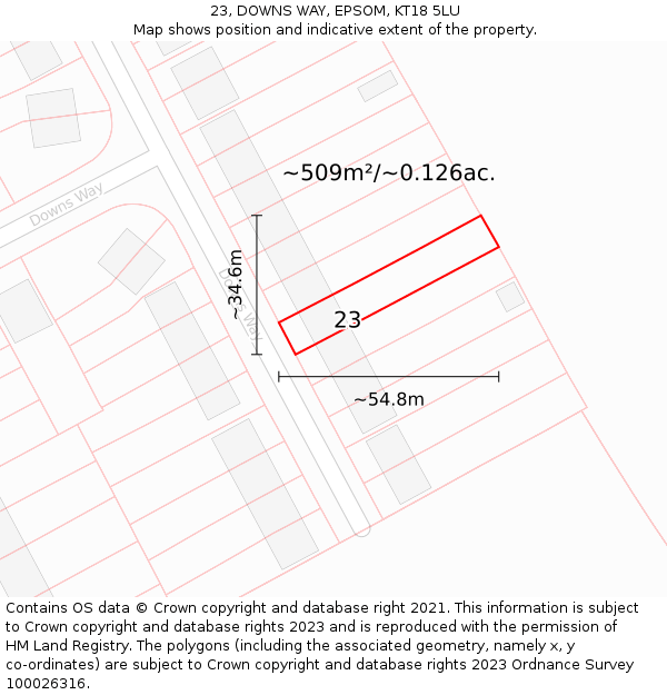 23, DOWNS WAY, EPSOM, KT18 5LU: Plot and title map