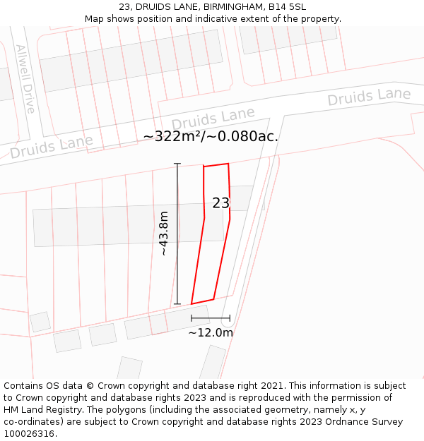 23, DRUIDS LANE, BIRMINGHAM, B14 5SL: Plot and title map