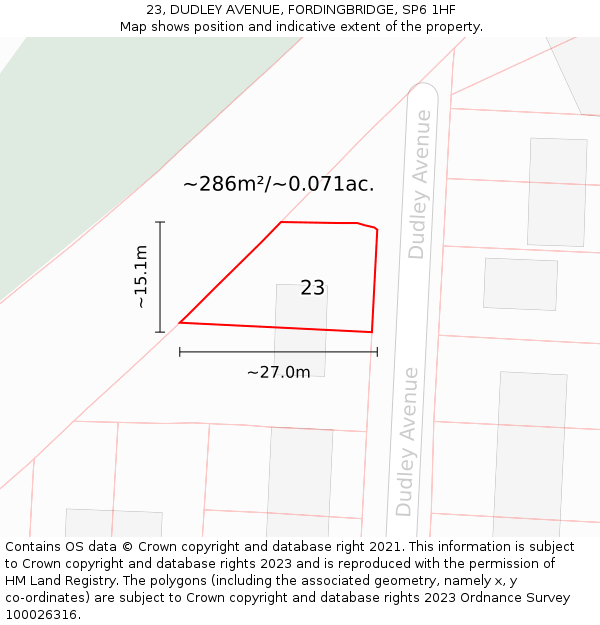 23, DUDLEY AVENUE, FORDINGBRIDGE, SP6 1HF: Plot and title map