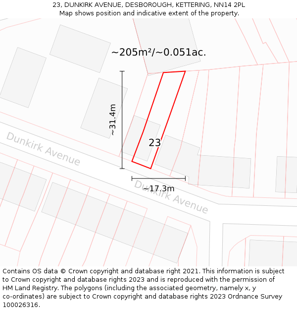 23, DUNKIRK AVENUE, DESBOROUGH, KETTERING, NN14 2PL: Plot and title map