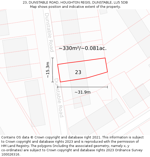 23, DUNSTABLE ROAD, HOUGHTON REGIS, DUNSTABLE, LU5 5DB: Plot and title map