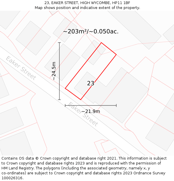 23, EAKER STREET, HIGH WYCOMBE, HP11 1BF: Plot and title map