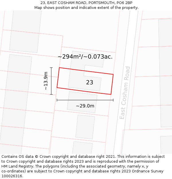 23, EAST COSHAM ROAD, PORTSMOUTH, PO6 2BP: Plot and title map